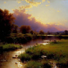 Tranquil landscape painting: river, lush fields, sunset sky