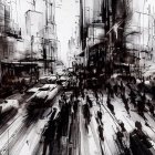 Expressive monochrome cityscape with bustling crowds and traffic