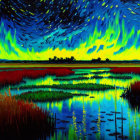 Colorful painting of northern lights over serene lake with lush greenery