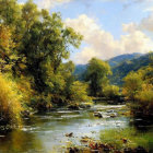 Tranquil landscape painting: meandering river, lush greenery, cloudy sky