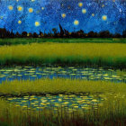 Starry Night Landscape with Moonlit River and Vibrant Brush Strokes