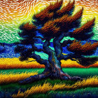 Colorful Impressionist Painting of Solitary Tree in Textured Landscape