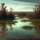 Tranquil wetlands: reflective water, grassy patches, lily pads, soft-gradient sky