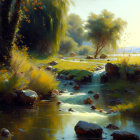 Tranquil stream in lush green landscape with sunlight filtering through trees