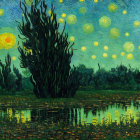 Nighttime landscape with swirling yellow stars, cypress trees, and tranquil water reflections