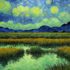 Vibrant Impressionist-style landscape painting with river, starry sky, and mountains