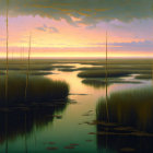 Tranquil wetland scene with tall reeds and lily pads at sunset