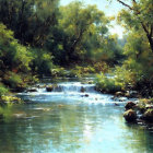 Tranquil river landscape with trees, waterfall, and sunlight reflections