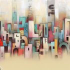 Stylized cityscape painting with skyscrapers, busy street, reflections, and pale sun