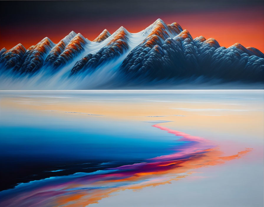 Mountain Range Painting with Snowy Peaks and Reflective Water