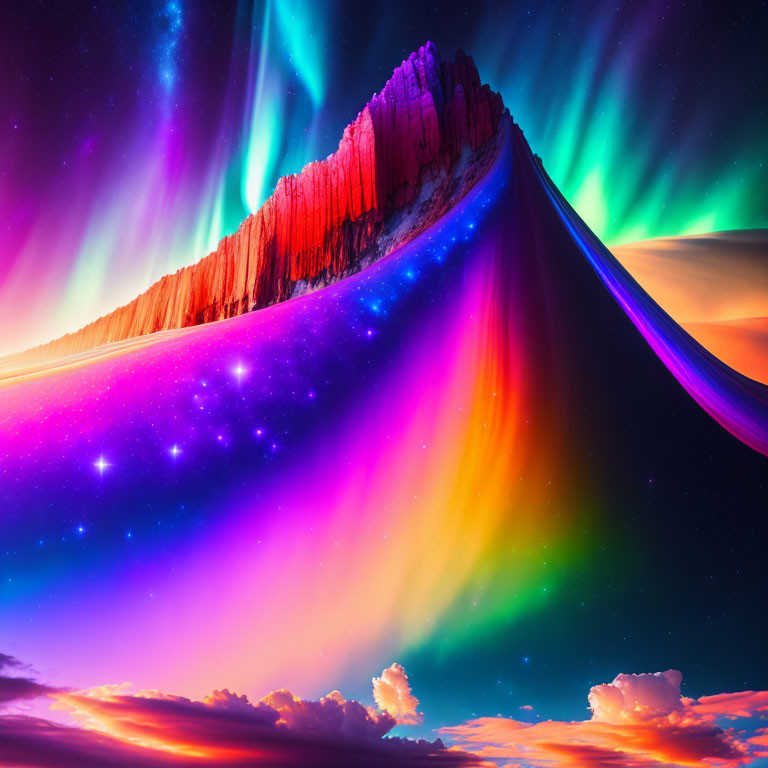 Vividly colored surreal landscape with mountain under Northern Lights and cosmic nebula