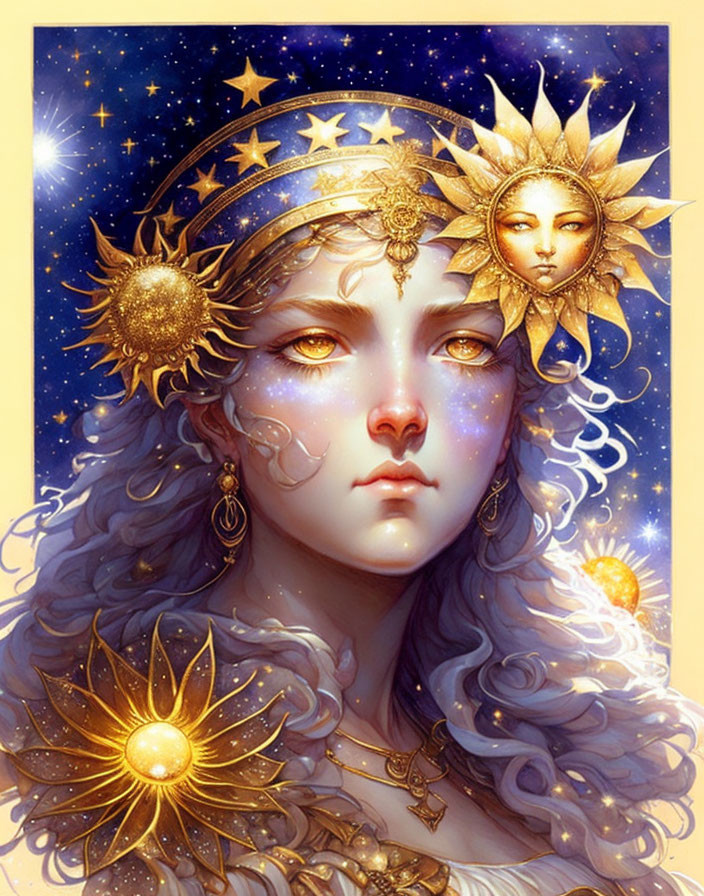 Illustrated woman with celestial motifs and blue wavy hair on starry background