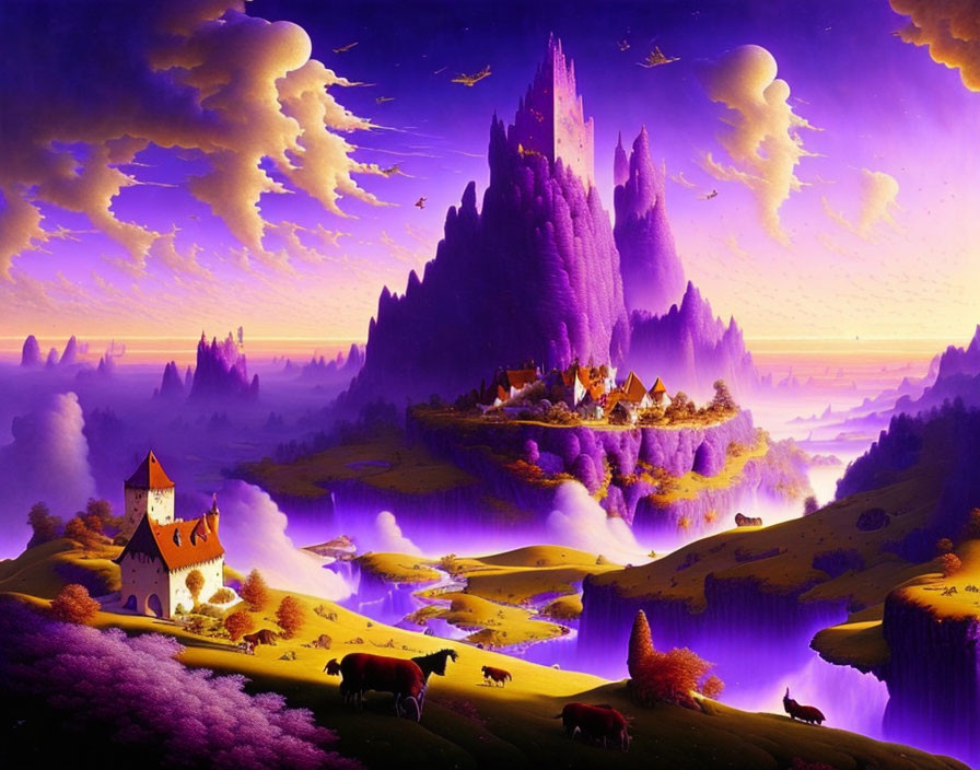 Fantasy landscape with purple castle, lush hills, grazing cows, vibrant sunset sky