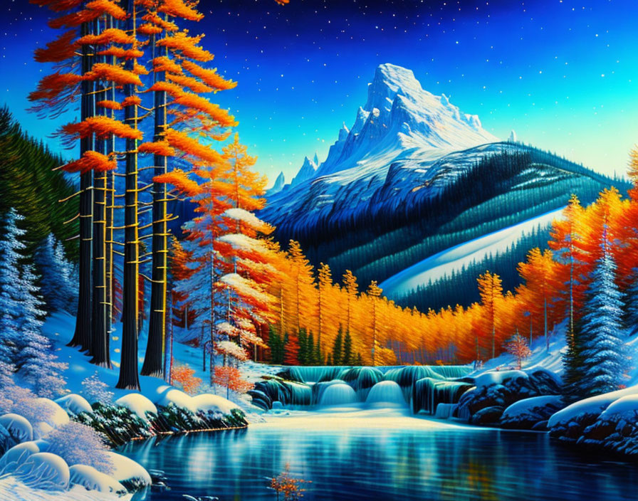 Colorful artwork: snowy mountain, autumn forest, river, starry sky