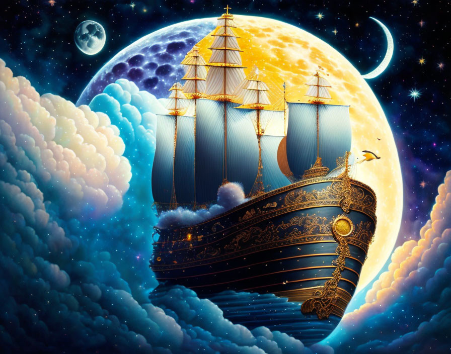 Ornate sailing ship in fantastical sky with moons