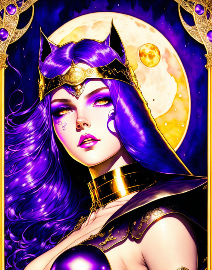 Mystical woman with purple hair and cat ears in gold accessories against moon backdrop