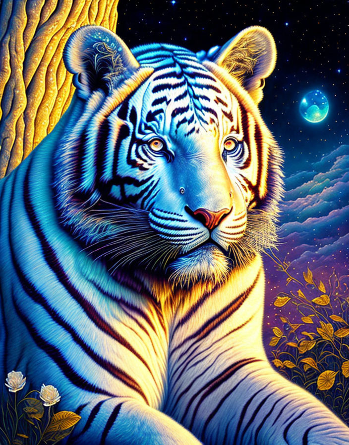 White Tiger with Blue Stripes Under Starry Night Sky and Moon