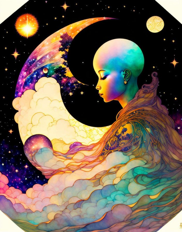 Colorful Bald Human Figure Blending with Cosmic Elements