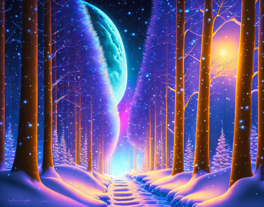 Fantasy art of a snowy forest path under starry sky with vivid moon