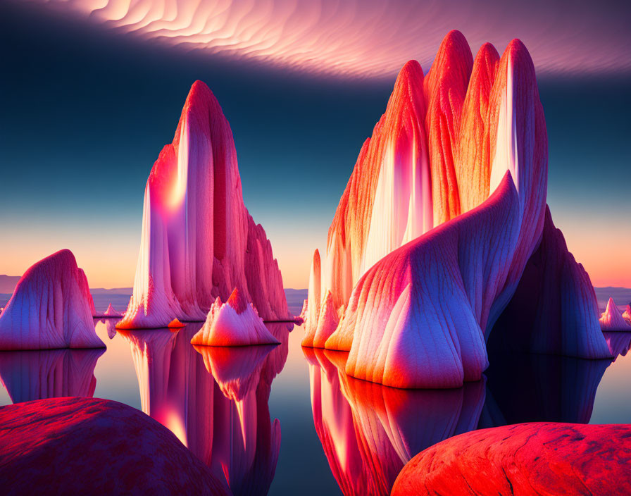 Vibrant pink and white icebergs in surreal landscape under pink-hued sky