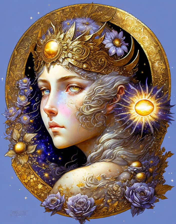 Ethereal female figure with golden headgear, stars, and flowers in circular frame