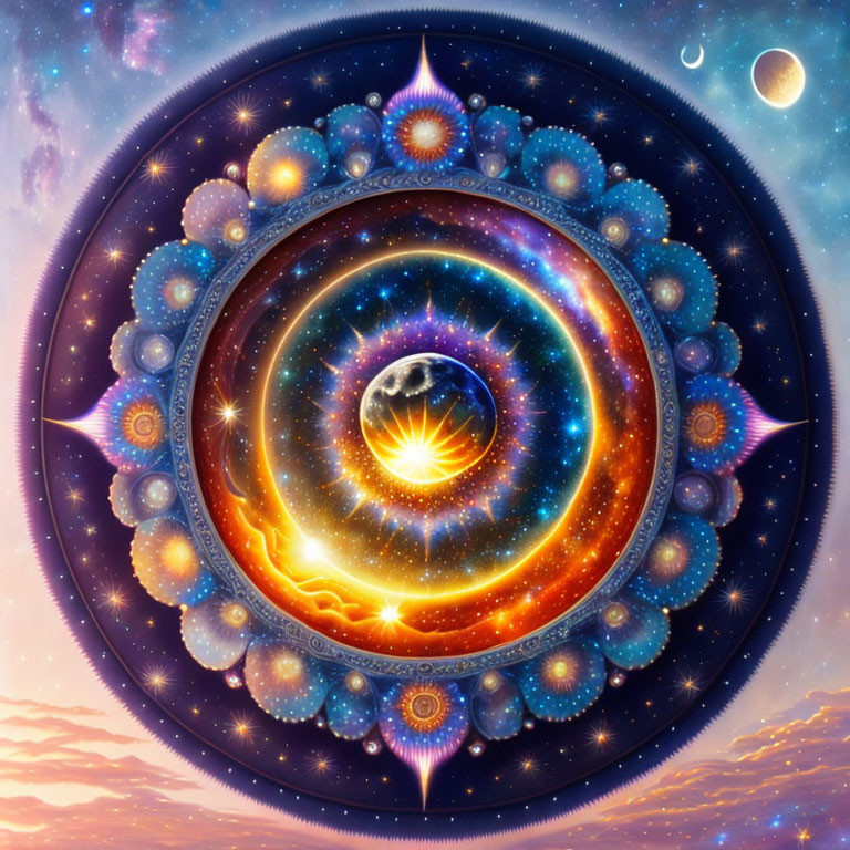 Colorful Psychedelic Digital Artwork of Cosmic Spiral and Celestial Bodies