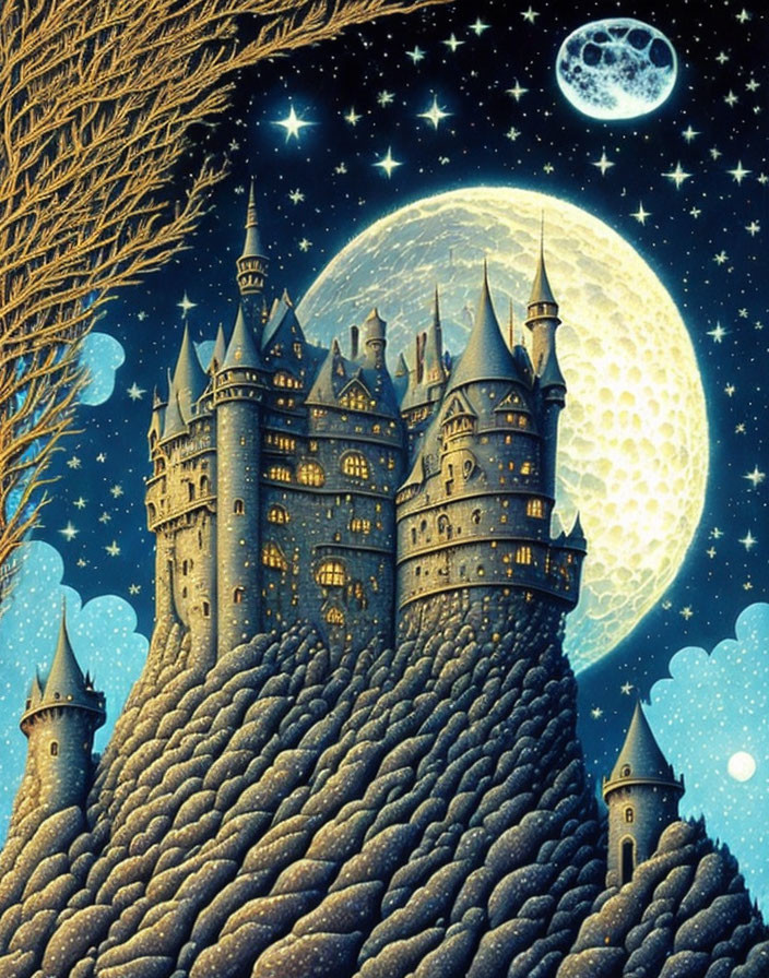 Fantasy castle on craggy hill under starry night sky