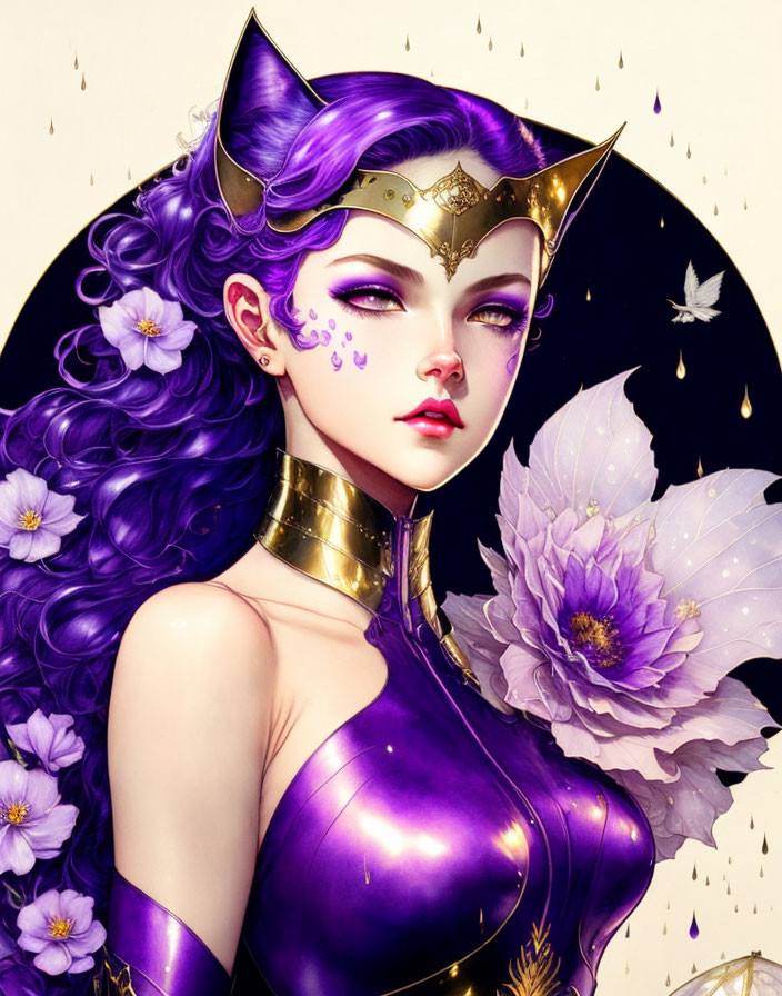 Fantasy Female Character with Violet Hair and Gold Crown Surrounded by Butterflies and Flowers