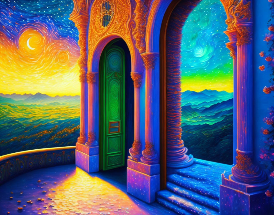 Colorful painting of balcony with green door and swirling sky landscape