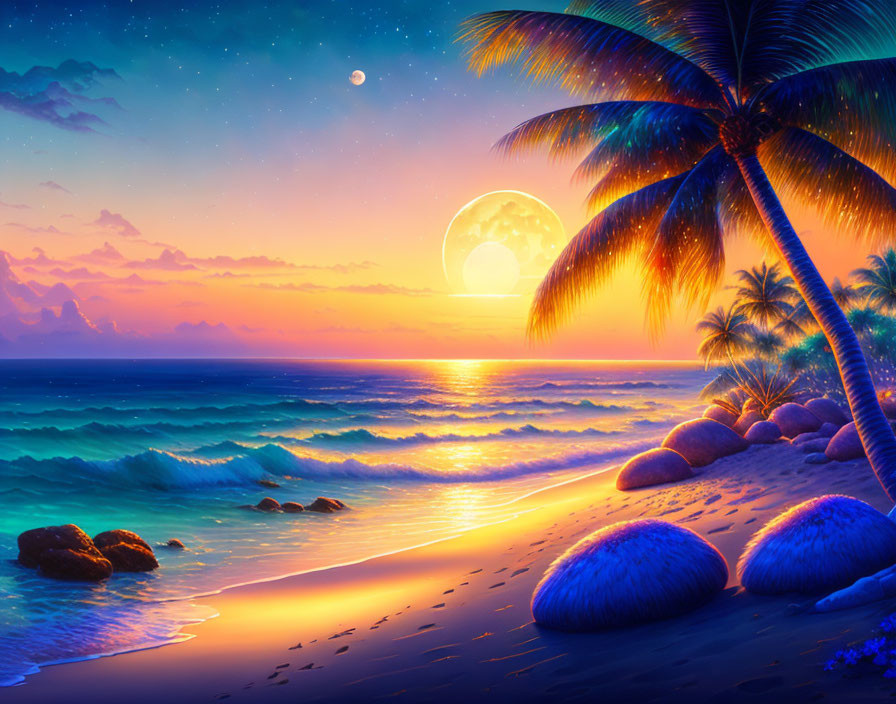 Moonlit beach scene with palm trees and starry sky