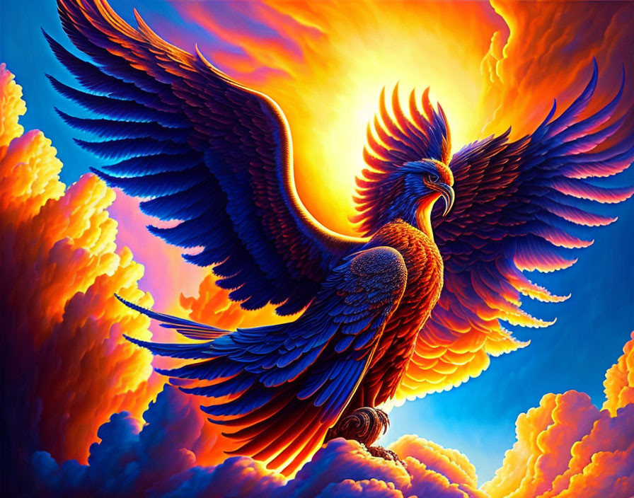 Majestic Phoenix flying in fiery sky with spread wings