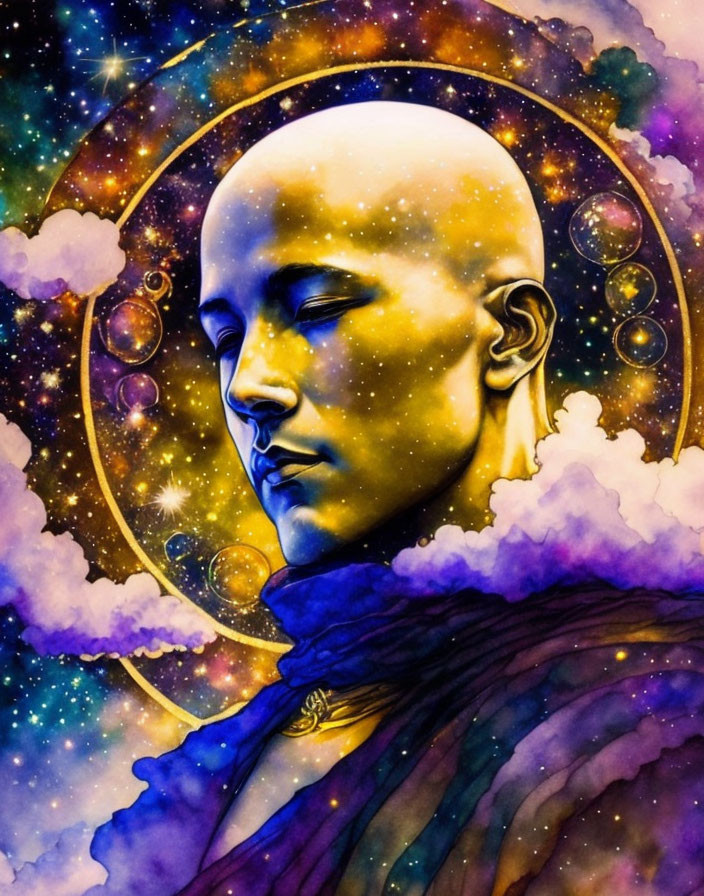 Colorful Bald Figure Profile Against Cosmic Background with Stars, Galaxies, and Nebulae