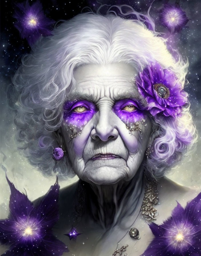 Elderly woman with celestial makeup and purple flowers in hair in cosmic setting