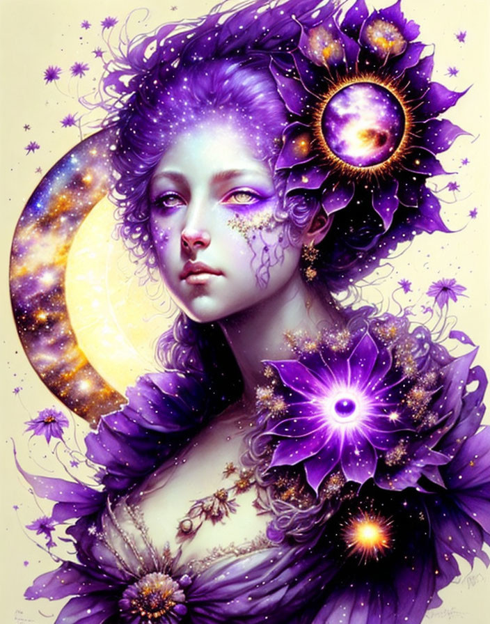 Purple-skinned woman adorned with cosmic motifs in celestial setting