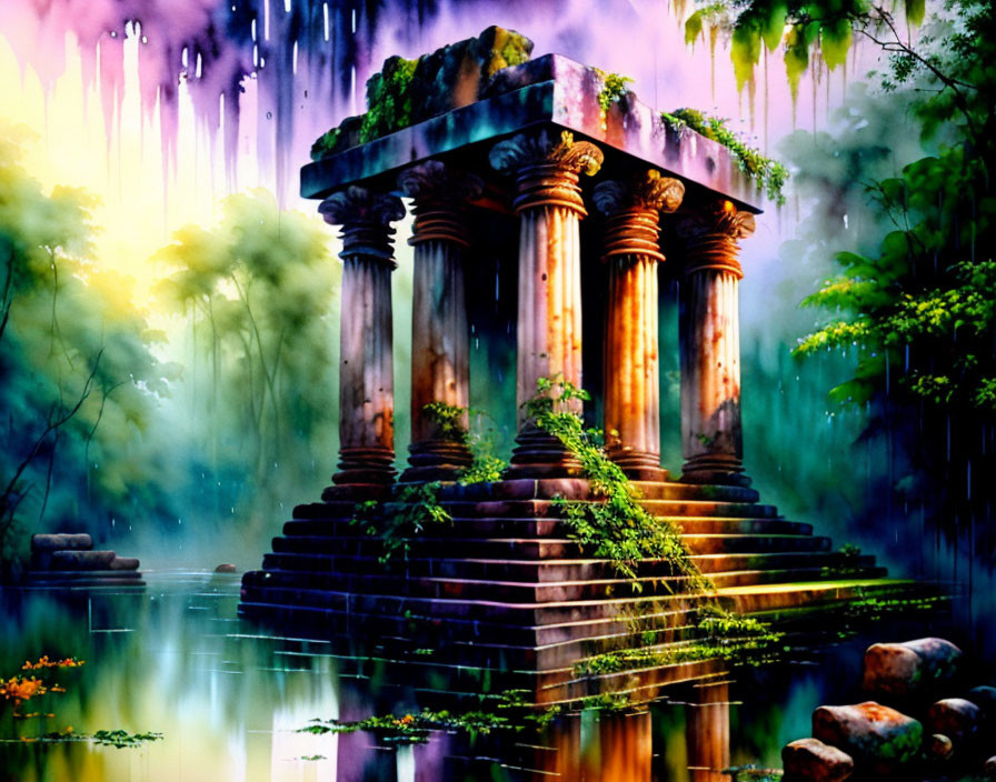 Ancient temple engulfed in greenery near water with mystical colors