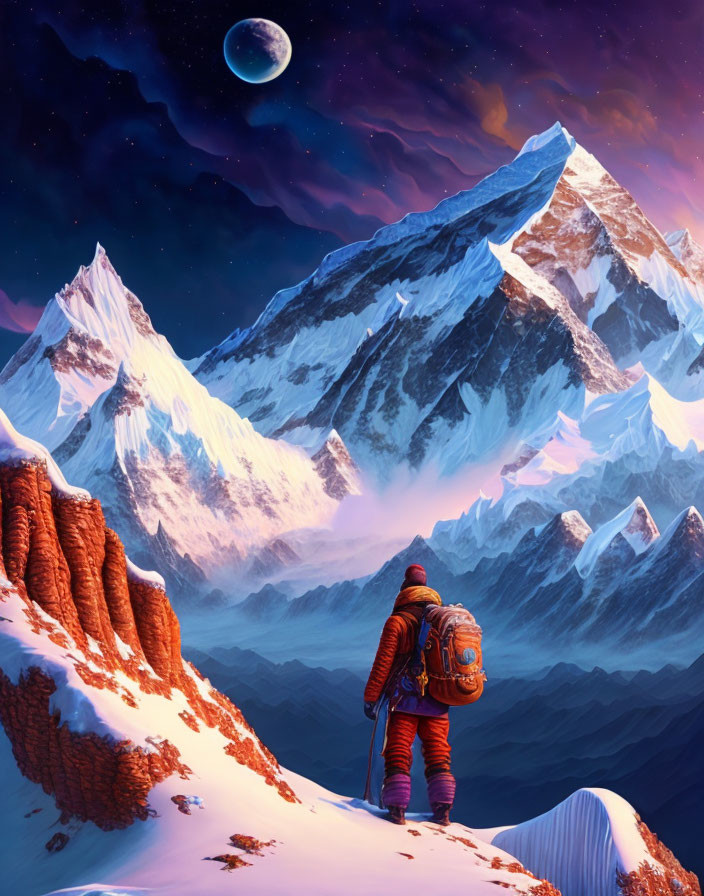 Climber in Orange Gear Gazes at Snowy Mountains under Starry Sky