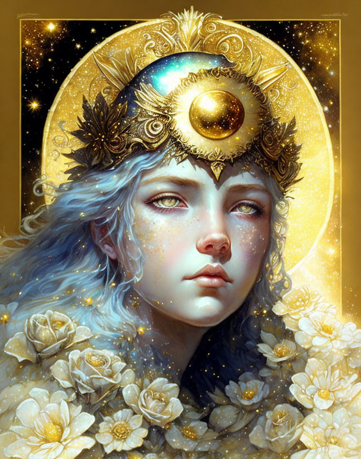 Fantasy illustration of a woman with blue hair and celestial headpiece amidst white roses and stars