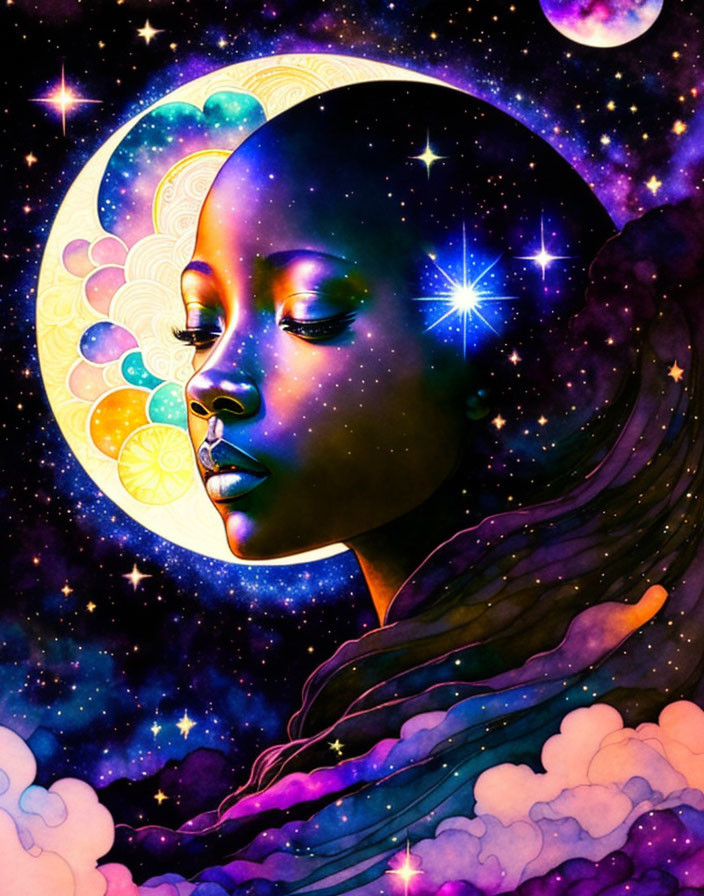 Colorful Woman's Silhouette with Cosmic Background in Purple, Blue, and Yellow