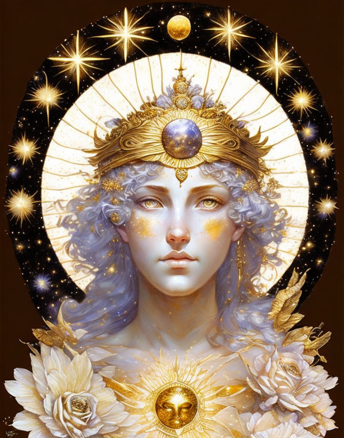 Mystical figure with pale skin, blue hair, golden eyes, adorned with celestial symbols, white