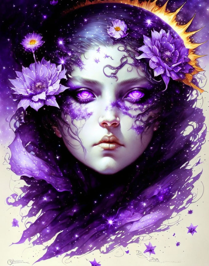 Cosmic-themed female figure with purple flowers, starry eyes, and galaxy skin.