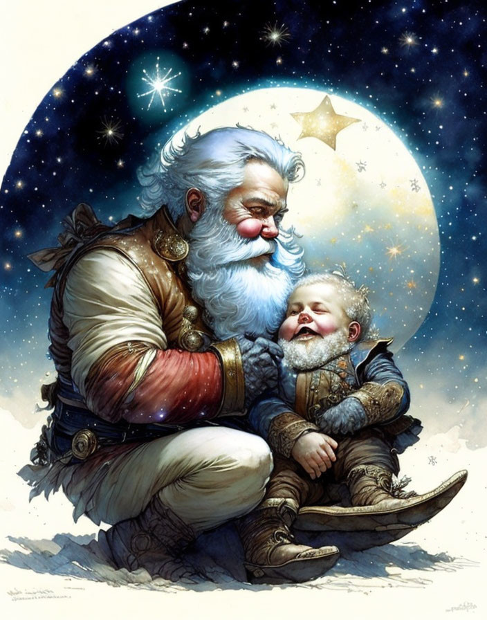 Joyful Santa Claus hugging a happy child under starry night sky