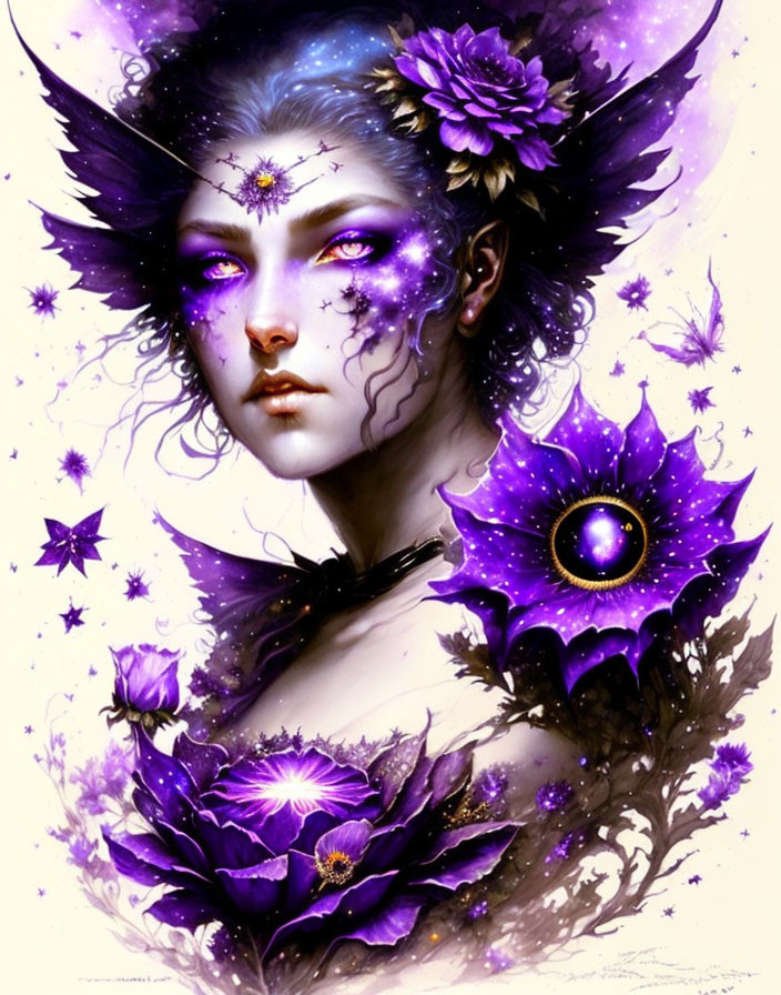 Woman with Purple Floral and Cosmic Motifs in Mystical Setting