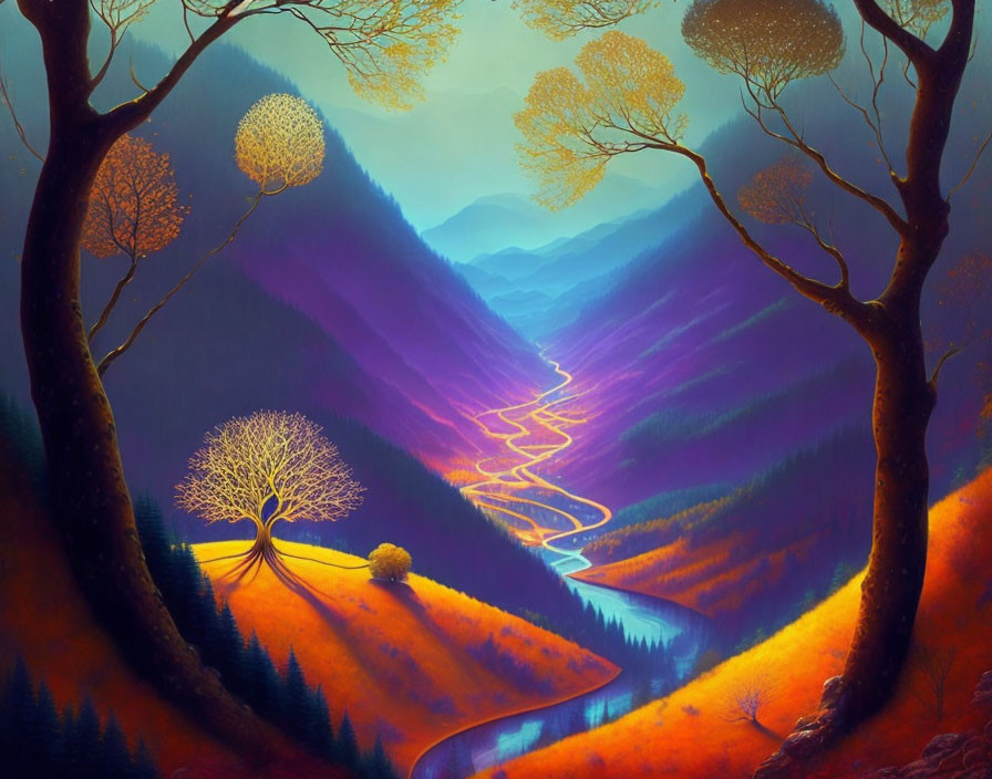 Autumnal valley digital painting with river, golden trees, mountains, twilight sky