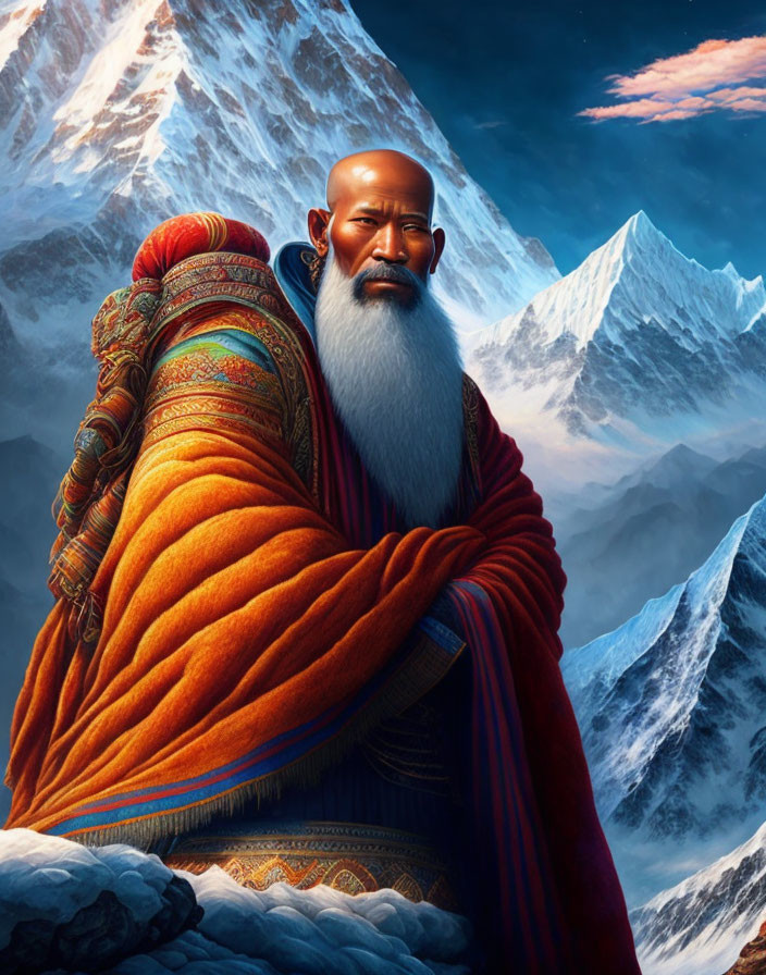 Bearded man in orange shawl against snowy mountains