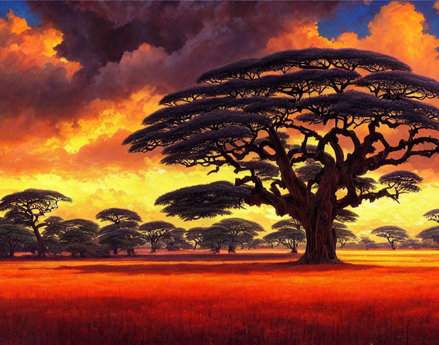 Vibrant savannah sunset with silhouetted acacia trees under orange sky