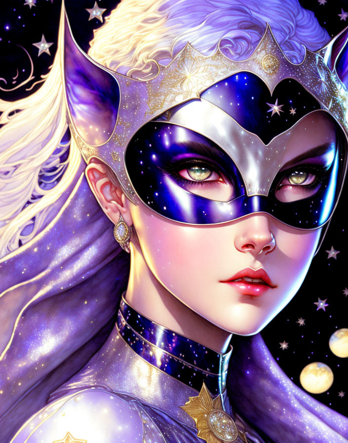 Illustration: Woman with white hair and purple cat mask on starry background