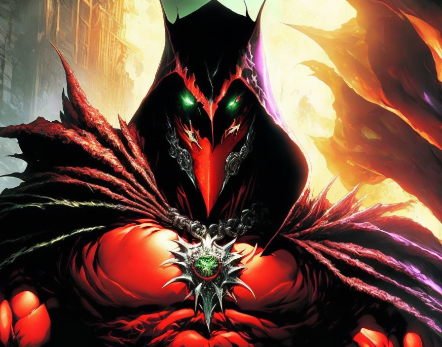 Detailed depiction of menacing figure with green eyes in black and red cloak