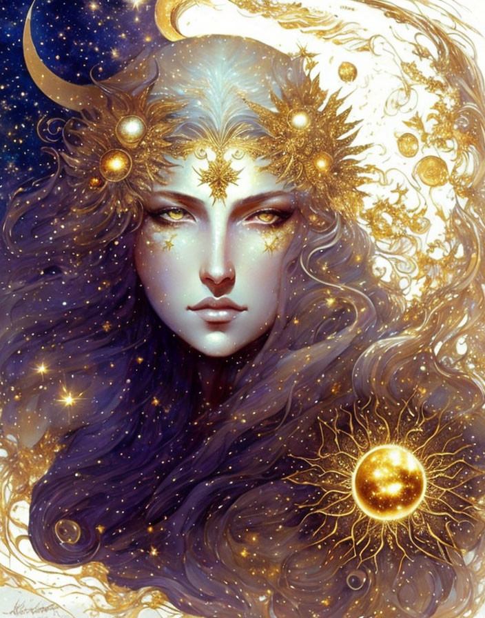 Celestial female figure with purple hair, golden ornaments, and cosmic stars