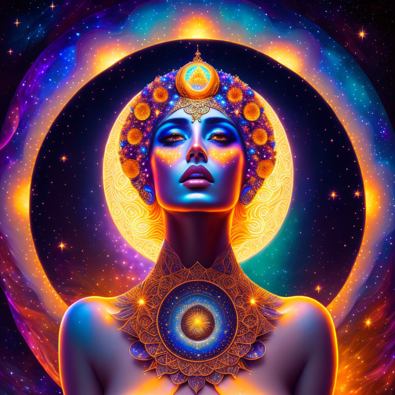 Colorful Woman Illustration with Celestial Motifs and Cosmic Backdrop