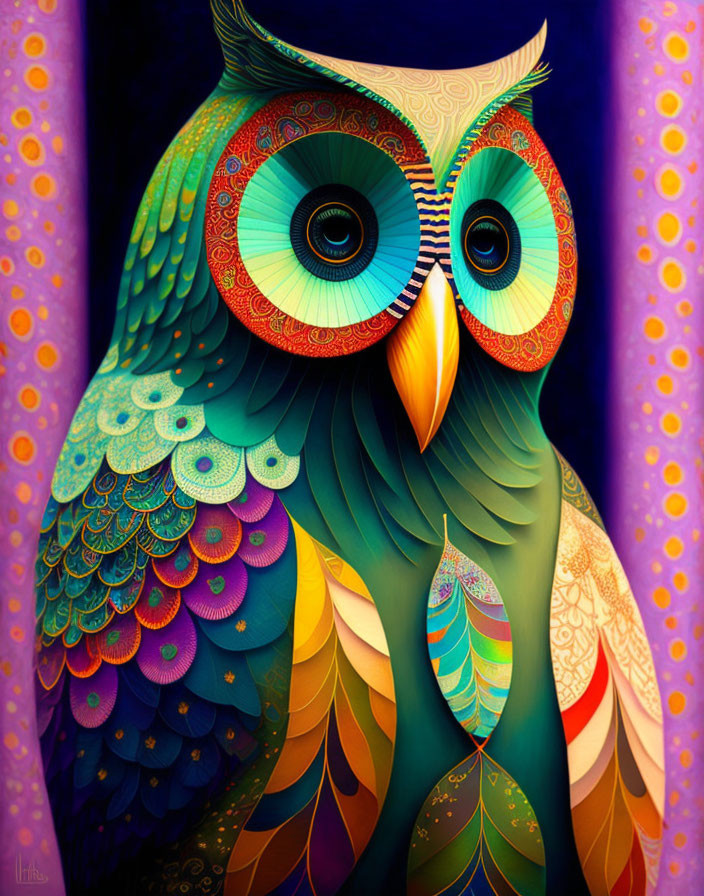 Vibrant owl illustration with intricate patterns on purple background